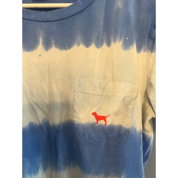 VS PINK White & Blue Tye Dye Tee W Pocket & American Flag Dog On Back Size Small - Picture 2 of 6